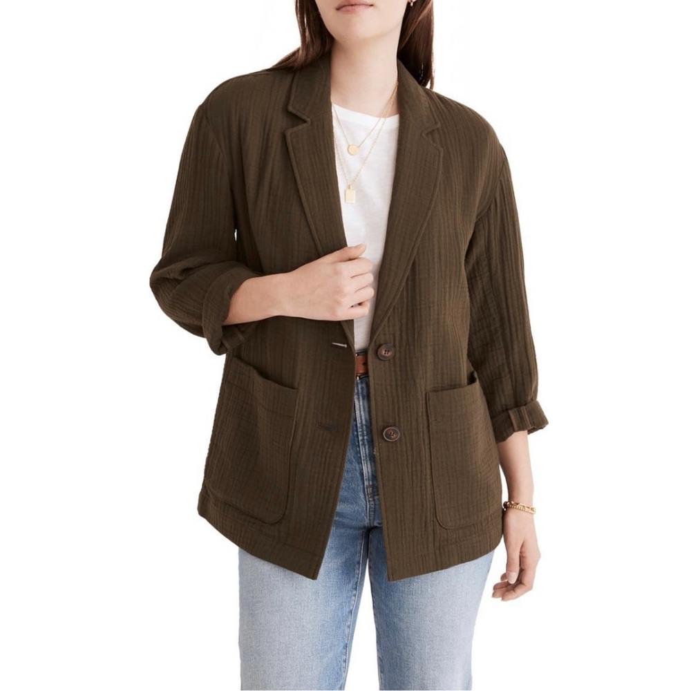 Madewell Dried Olive Crinkled Cotton Blazer Granola Rustic Capsule